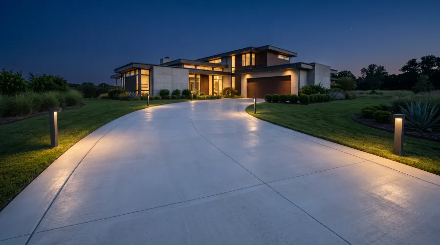A freshly poured concrete driveway sweeping toward a modern home