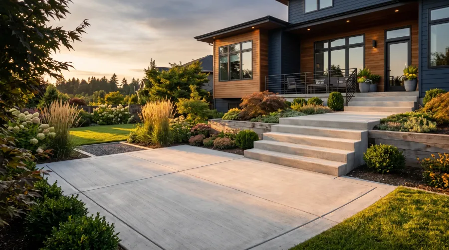 A finished concrete patio and steps set to a yard’s grade
