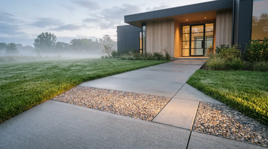 A concrete entry walkway with control joints leading to a home
