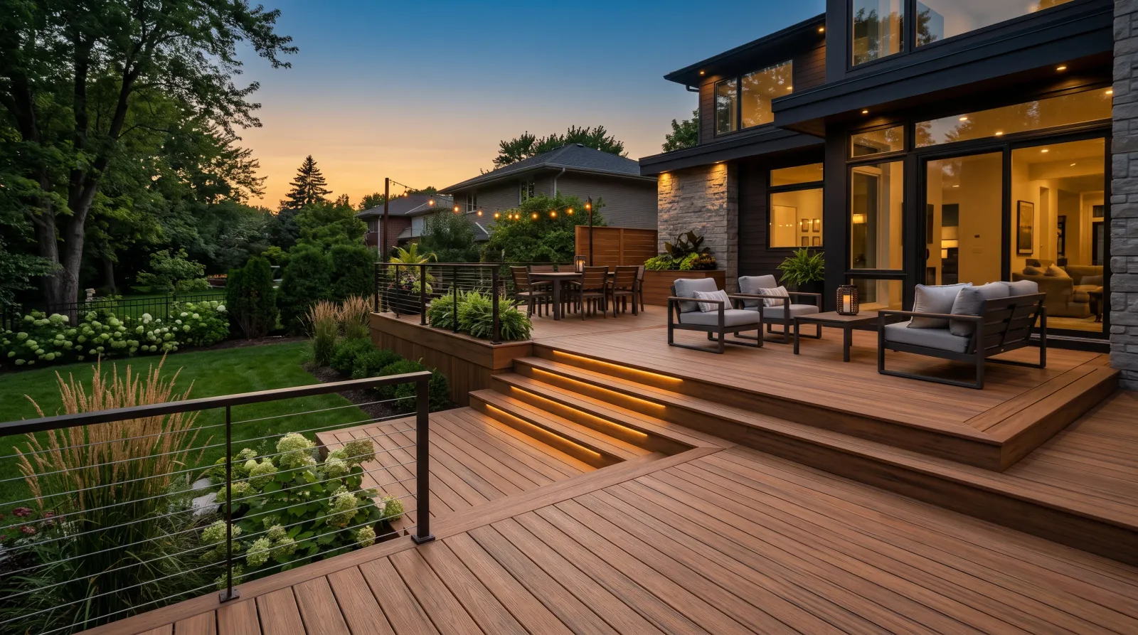 A finished backyard deck build with integrated stairs and railings.