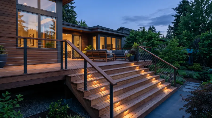 Deck stairs and cable railing lit at blue hour