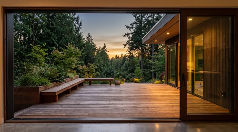 View from a home’s rear threshold across a deck to the yard at sunset