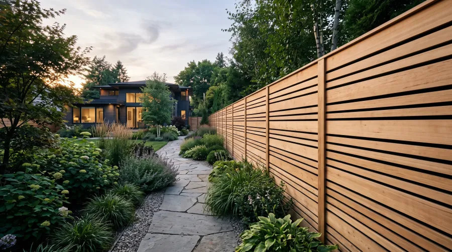 A horizontal cedar-slat privacy fence running the length of a landscaped yard
