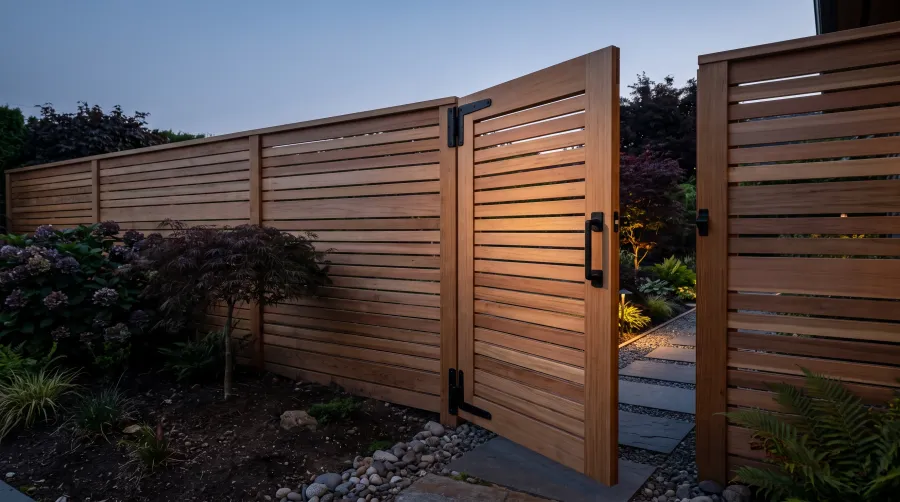 A cedar gate with matte-black hardware set within a privacy fence