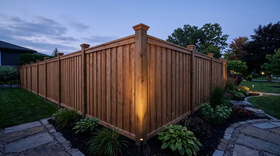 A fence corner post with landscape lighting meeting a garden bed