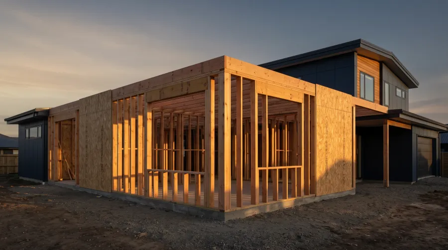 A structural addition framed in dimensional lumber at golden hour