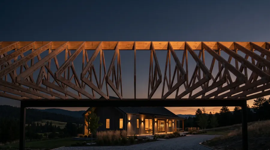 Engineered roof trusses framed against the sky