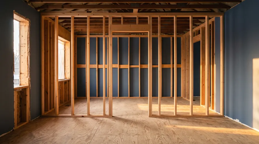 Freshly framed interior partition walls and a door opening