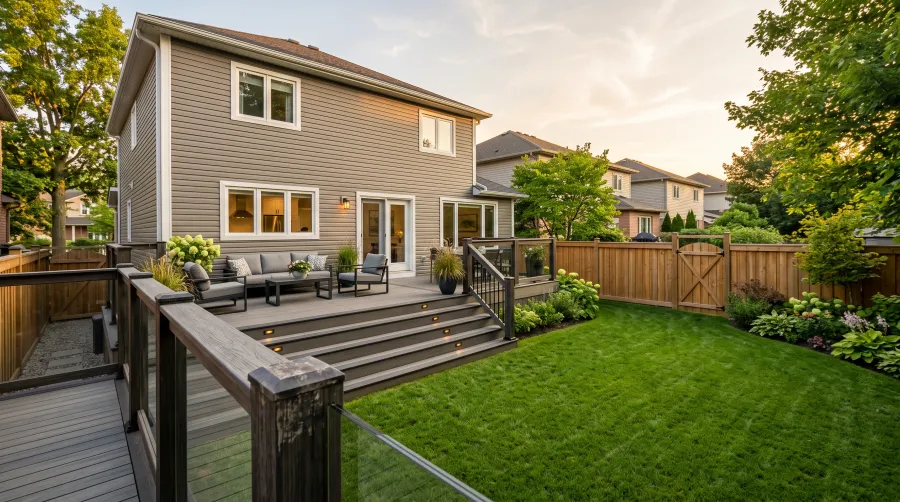 A finished backyard with a composite deck, seating area, and cedar privacy fence by Blue Knight Renovations.
