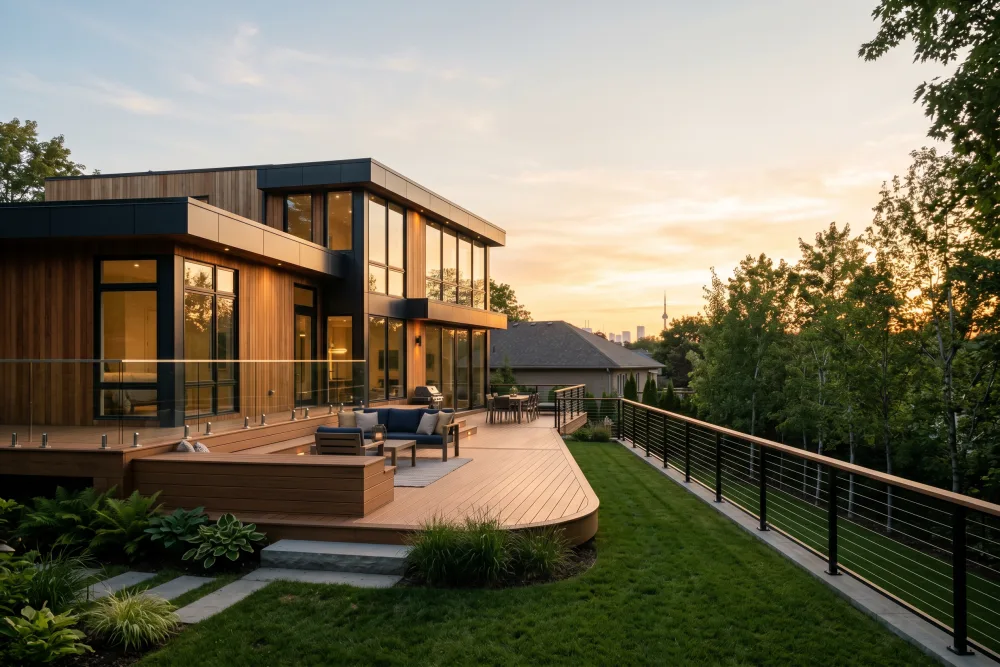 Modern ravine-lot home with an elevated backyard deck at sunset