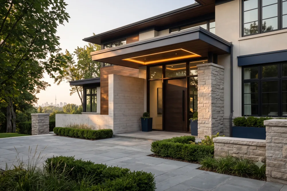 Grand front entrance of a luxury modern home with stone pillars