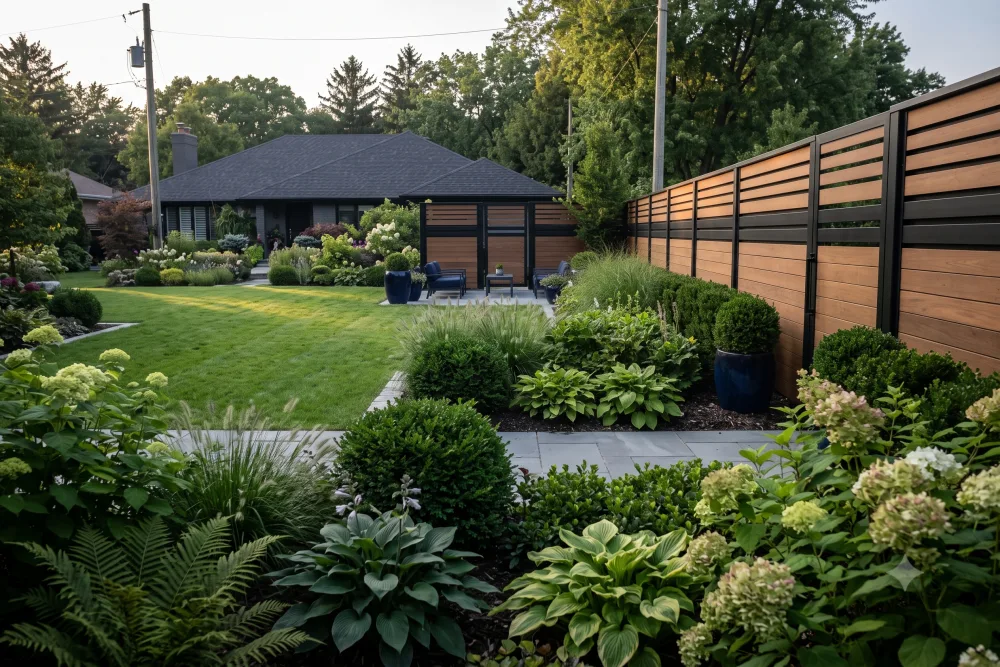 Modern privacy fence and gate framing a manicured garden