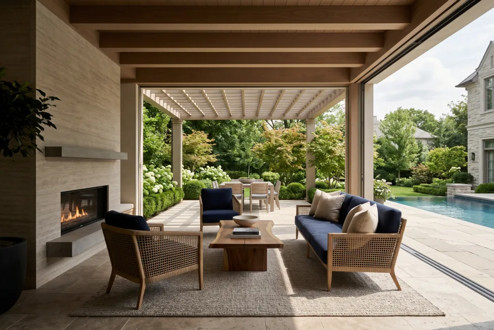 Indoor-outdoor covered patio with fireplace opening onto a pool