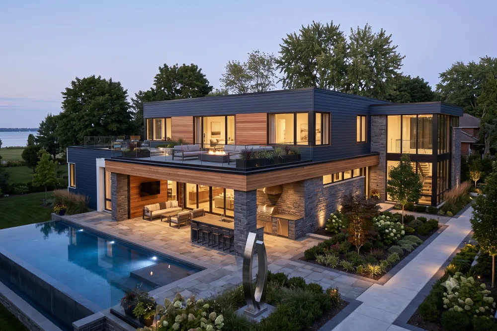 Lakefront estate with infinity pool and rooftop lounge at dusk