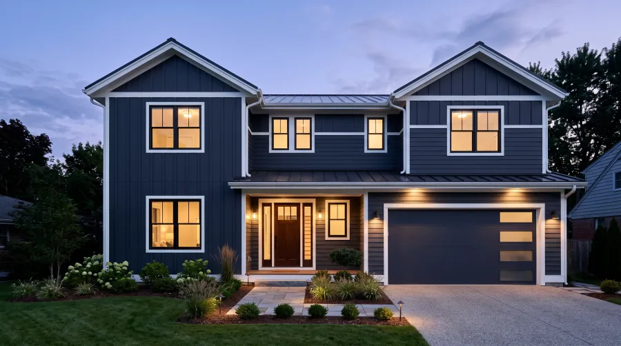 A modern two-story home’s full facade in freshly installed dark siding