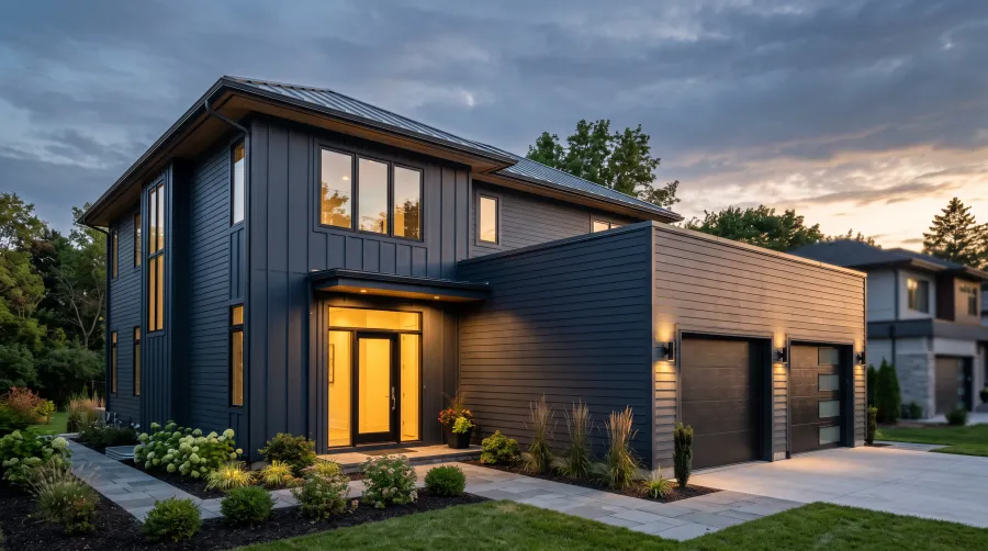 A home’s facade where new siding wraps from the main wall to the garage